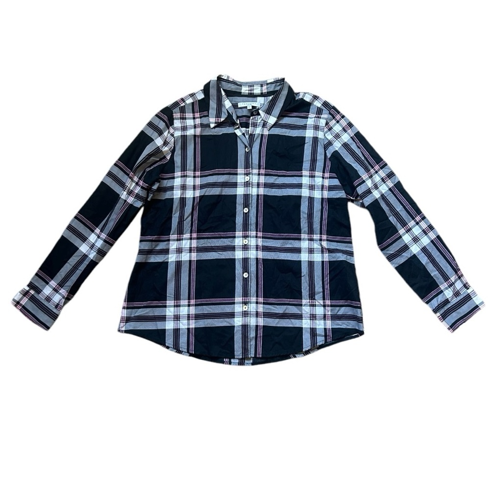 Women’s Foxcroft Wrinkle Free Black and Pink Plaid Shirt Size 16P